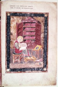 Ms 1 f.vrエズラが紀元前458年に記憶から神聖な本を書いている 作： Anglo Saxon